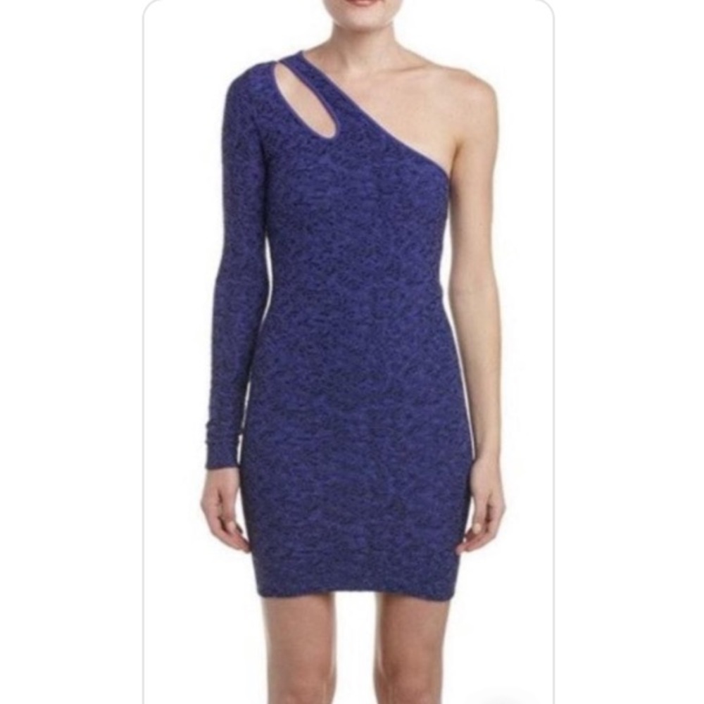BCBG Mini Dress Blue One Shoulder Long Sleeve